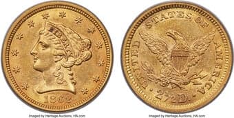 Liberty Quarter Eagles 1862 $2 1/2 AU58 PCGS. The piece displays nearly full mint luster with hints of orange as well...