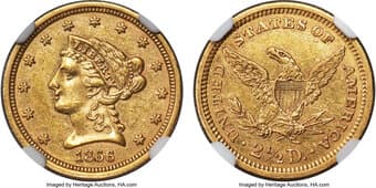 Liberty Quarter Eagles 1866 $2 1/2 AU55 NGC. Ex: Manhattan Collection. The 1866 Philadelphia quarter eagle had a low...