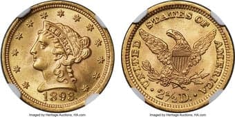 Liberty Quarter Eagles 1893 $2 1/2 MS66+ NGC. The 1893 quarter eagle issue was prolific at 30,000 coins for the 1890s,...