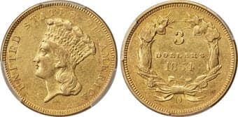 Three Dollar Gold Pieces 1854-O $3 AU53 PCGS. Winter-2. The New Orleans produced a single issue of the three dollar...