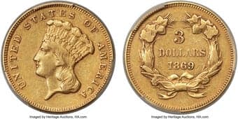 Three Dollar Gold Pieces 1869 $3 XF45 PCGS. The 1869 issue of three dollar gold from the Philadelphia Mint was the...