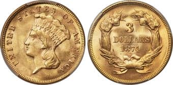 Three Dollar Gold Pieces 1874 $3 MS64 PCGS. The 1874 three dollar has the third largest mintage for the denomination...