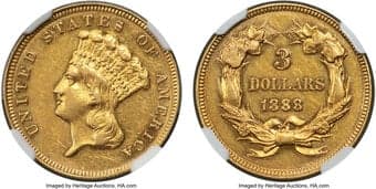 Proof Three Dollar Gold Pieces 1888 $3 JD-1, Low R.4, PR55 NGC. The 1888 Three dollar proof mintage is the largest of...