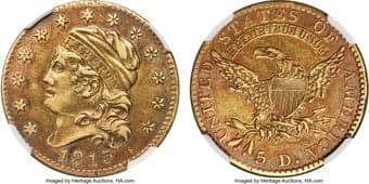 Early Half Eagles 1813 $5 BD-1, R.2, XF40 NGC. Ex: Manhattan Collection. Bass-Dannreuther Die State a/a. The Mint...