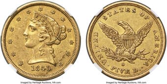Liberty Half Eagles 1840-O $5 Narrow Mill AU58 NGC. Winter-3. The Small Mintmark reverse. This early New Orleans issue...