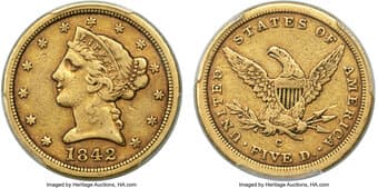 Liberty Half Eagles 1842-C $5 Large Date VF35 PCGS. Winter-1. The 1842 Charlotte half eagle issue is divided amongst...