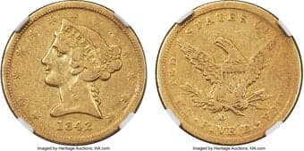 Liberty Half Eagles 1842-D $5 Small Date VF20 NGC. Winter 7-E. Small Date, Small Letters. This variety of the 1842-D is...