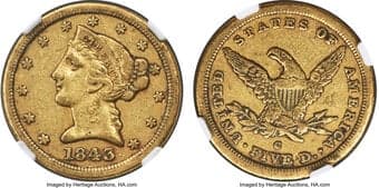 Liberty Half Eagles 1843-C $5 XF40 NGC. Winter-2. Ex: Rive d'Or Collection. The Charlotte Mint 1843 half eagles are...