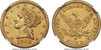 Liberty Half Eagles 1843-D $5 Medium D VF30 NGC. Winter 10-G. Ex: Rive d'Or Collection. Doug Winter notes the 1843-D is...