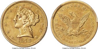 Liberty Half Eagles 1843-O $5 Small Letters AU50 PCGS. Winter-1. The Small Letters variety has the scarcer mintage of...