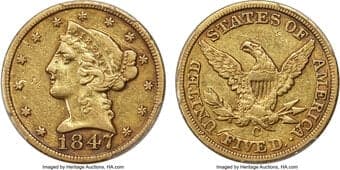 Liberty Half Eagles 1847-C $5 XF45 PCGS. Winter-1. Rich tawny-gold color engulfs this piece and some ochre notes have...