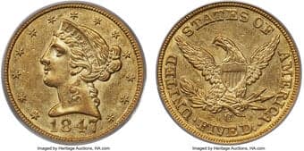 Liberty Half Eagles 1847-C $5 AU55 PCGS. CAC. Winter-1. Attractive yellow-gold luster adorns this piece with some...