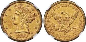Liberty Half Eagles 1855-C $5 AU55 NGC. Winter-1. The 1855 issue of half eagles was about average for the Charlotte...