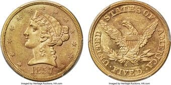 Liberty Half Eagles 1857-S $5 S.S. Central America #2 (with Pinch) AU58 PCGS. Beautiful orange-gold surfaces contain...
