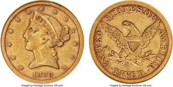 Liberty Half Eagles 1860-S $5 VF20 NGC. CAC. The 1860-S is a scarce date that most Liberty half eagle collectors are...