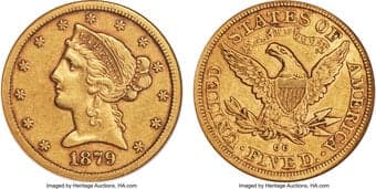 Liberty Half Eagles 1879-CC $5 XF45 NGC. Winter 1-A. An attractive harvest-gold luster adorns this piece with hints of...