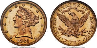 Liberty Half Eagles 1881 $5 MS65 Prooflike NGC. Shimmering sun-gold luster envelops this example, accompanied by the...