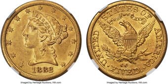 Liberty Half Eagles 1882-CC $5 AU55 NGC. Winter 1-A. The 1882-CC had a relatively large mintage with 82,817 coins, but...