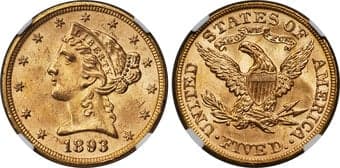 Liberty Half Eagles 1893 $5 MS65+ NGC. Attractive honey-gold luster displays over this piece along with brief ochre...