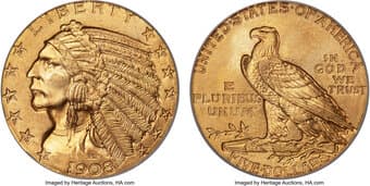 Indian Half Eagles 1908 $5 MS65 PCGS. The first year of issue of the new Bela Lyon Pratt design was the second lowest...