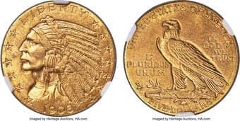 Indian Half Eagles 1908-D $5 MS64 NGC. The 1908 issue is the lowest mintage from the Denver Mint for the Indian Head...