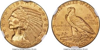 Indian Half Eagles 1909 $5 MS64 NGC. This Indian half eagle displays enticing tawny-gold luster with a toned concentric...