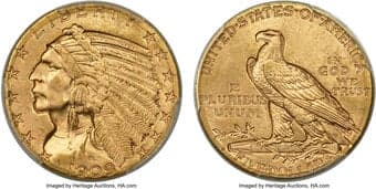 Indian Half Eagles 1909-D $5 MS64+ PCGS. CAC. Satiny bronze-gold luster gives this high-end near-Gem pleasing visual...