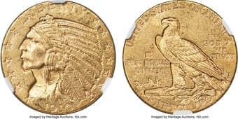 Indian Half Eagles 1910-S $5 MS62 NGC. Olive-gold luster envelops this piece with deeper notes around the date and...