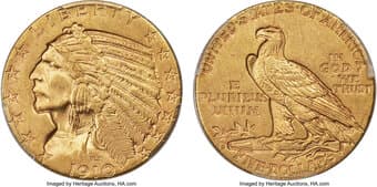 Indian Half Eagles 1910-S $5 MS62 PCGS. Rich Midas-gold luster adorns this piece with undertones of olive-gold patina...