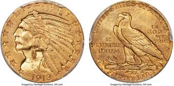 Indian Half Eagles 1913-S $5 MS62 PCGS. This example displays profound die lapping on its reverse as the right (left...