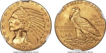 Indian Half Eagles 1914 $5 MS64 NGC. CAC. This piece displays attractive wheat-gold luster. The strike is pleasing with...