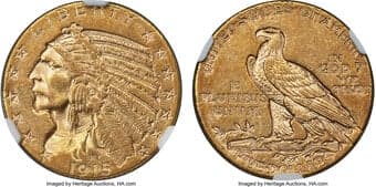 Indian Half Eagles 1915-S $5 MS61 NGC. The mintage of 1915-S half eagles had the fifth lowest of the design's history,...