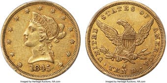 Liberty Eagles 1845-O $10 Repunched Date XF45 PCGS. Winter-1. This piece displays rich orange-gold colors with deeper...