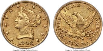 Liberty Eagles 1848-O $10 AU50 PCGS. Winter-1. The Winter-1 variety is distinct as it has a ring within the shield....