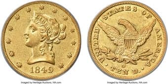 Liberty Eagles 1849-O $10 XF45 PCGS. CAC. Winter-1. The Winter-1 variety for the 1849-O eagle issue is rare and...