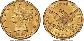 Liberty Eagles 1854 $10 AU58 NGC. Winter-2. The 1854 issue of eagles saw a decent mintage of 54,250 coins, though poor...