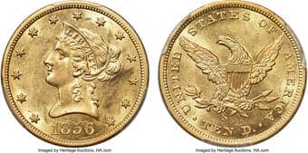 Liberty Eagles 1856-S $10 S.S. Central America #2 (with Pinch) AU58 PCGS. Chief Scientist Bob Evans Signature....
