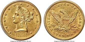 Liberty Eagles 1858-O $10 -- Cleaned -- PCGS Genuine. Unc Details. Winter-1. Bright yellow-gold color adorns this piece...