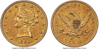 Liberty Eagles 1860-O $10 XF45 PCGS. Winter-1. New Orleans produced 11,100 eagles in 1860, but the onset of the Civil...