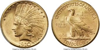 Indian Eagles 1910-S $10 MS63 PCGS. The 1910-S Indian eagle is found in circulated grades more often than in Mint...
