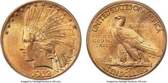 Indian Eagles 1912-S $10 MS64 PCGS. The 1912-S issue of eagles chronically suffered from weak strikes, this coin being...