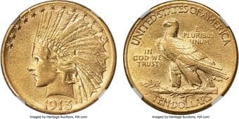 Indian Eagles 1913-S $10 AU55 NGC. The 1913-S Indian eagle issue had a middling mintage with 66,000 coins, and while...