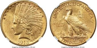 Indian Eagles 1913-S $10 AU58 NGC. CAC. A low mintage of 66,000 coins makes the 1913-S one of the more popular issues...