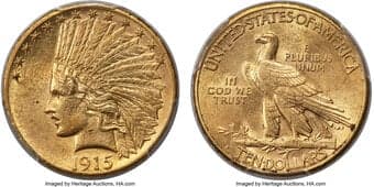 Indian Eagles 1915-S $10 AU55 PCGS. CAC. The 1915-S issue of eagles was the second lowest mintage from the San...