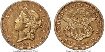 Liberty Double Eagles 1851-O $20 XF45 PCGS. CAC. Winter-6. The Southern mint produced 315,000 pieces for its largest...