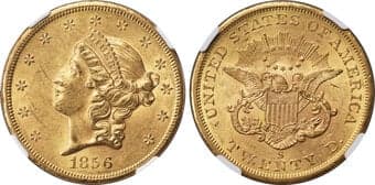 Liberty Double Eagles 1856-S $20 MS61 NGC. Richly frosted olive-gold surfaces show minimal abrasions, with none...
