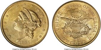 Liberty Double Eagles 1861-S $20 AU58 NGC. Lovely yellow-gold surfaces contain faint hints of rose on the reverse....