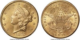 Liberty Double Eagles 1875-CC $20 -- Cleaned -- PCGS Genuine. Unc Details. Winter 1-B. The 1875-CC double eagle...