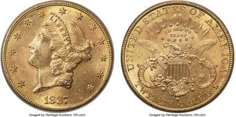 Liberty Double Eagles 1887-S $20 MS63 PCGS. Repunched Mintmark. This example displays a myriad of attractive toning...
