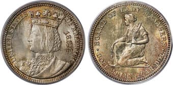 Commemorative Silver 1893 25C Isabella Quarter MS66 PCGS. CAC. The intricate jewelry worn by Queen Isabella of Castile...